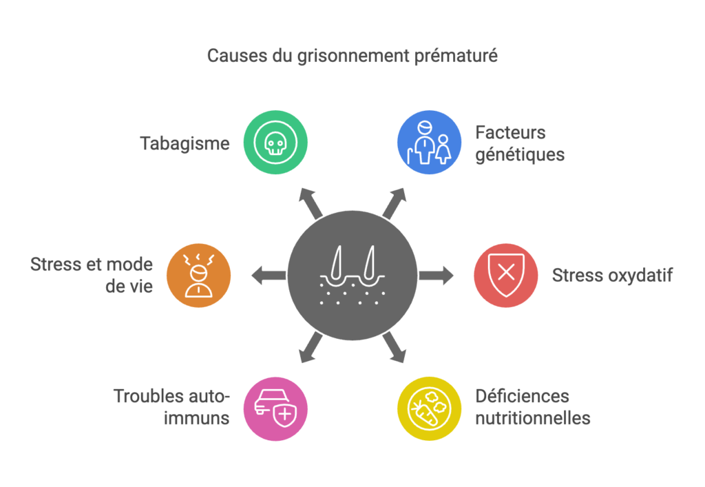 infographie détaillant les principales causes liées à l'apparition de cheveux blancs