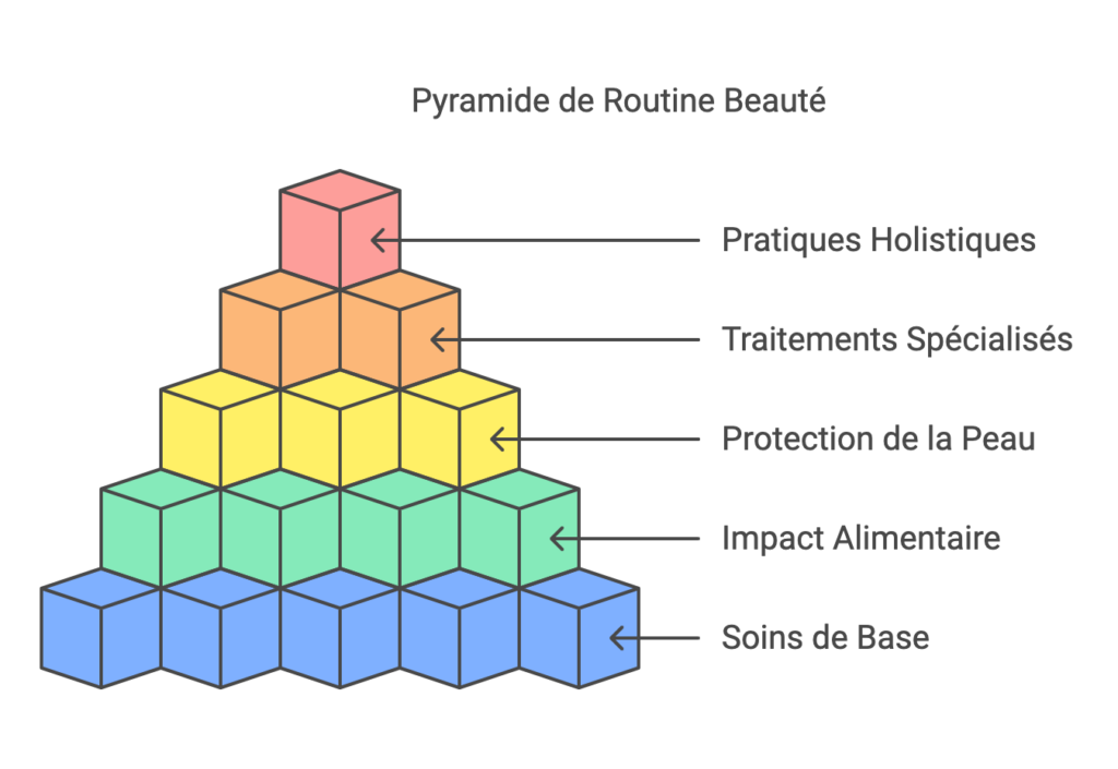 infographie résumant la pyramide de routine beauté, détaillant les meilleures pratiques à mettre en oeuvre